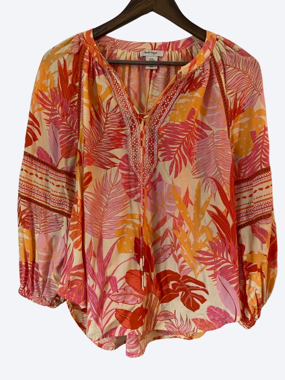 Haute Hippie Pink & Orange Tropical Print Embroidered Peasant Top Size Medium